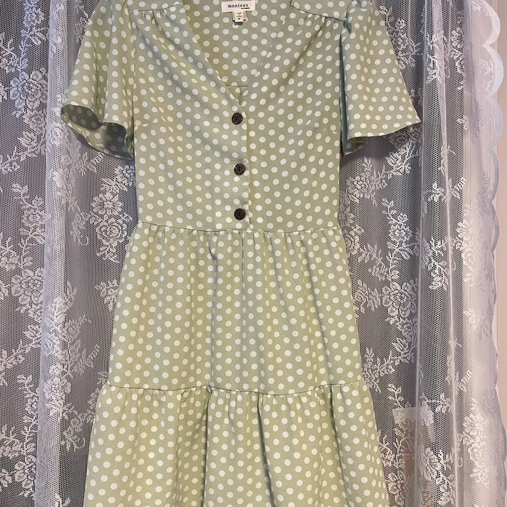 Sage Polka Dot Tiered Mini Dress